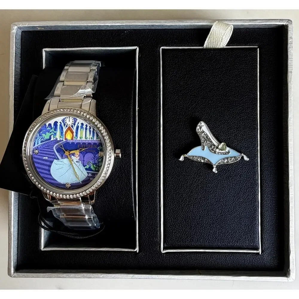 Citizen Disney Cinderella Eco-Drive Watch FE7041-51W Crystal Pin Box Set NWT